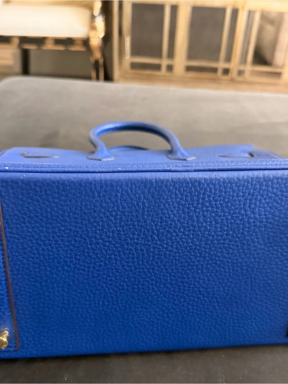 Classic Blue Pebbled Leather Top-Handle Satchel with Gold-Tone Hardware